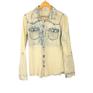 Miss Me Button Down Shirt Womens Large Cream Acid Wash Denim Western MDT905L